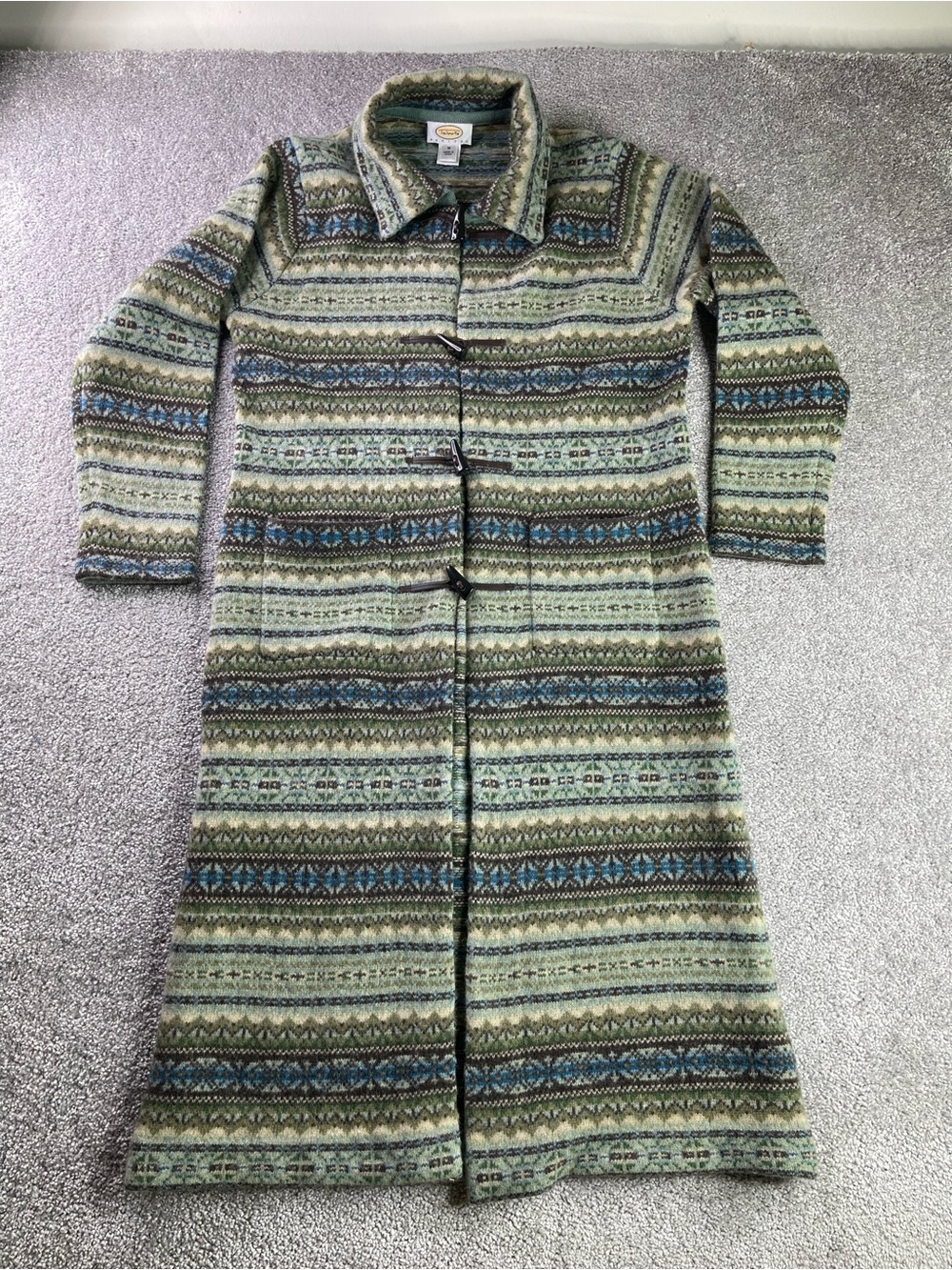 Talbots Lambswool Fair Isle Long Sweater Coat Women’s Medium Toggle Pockets